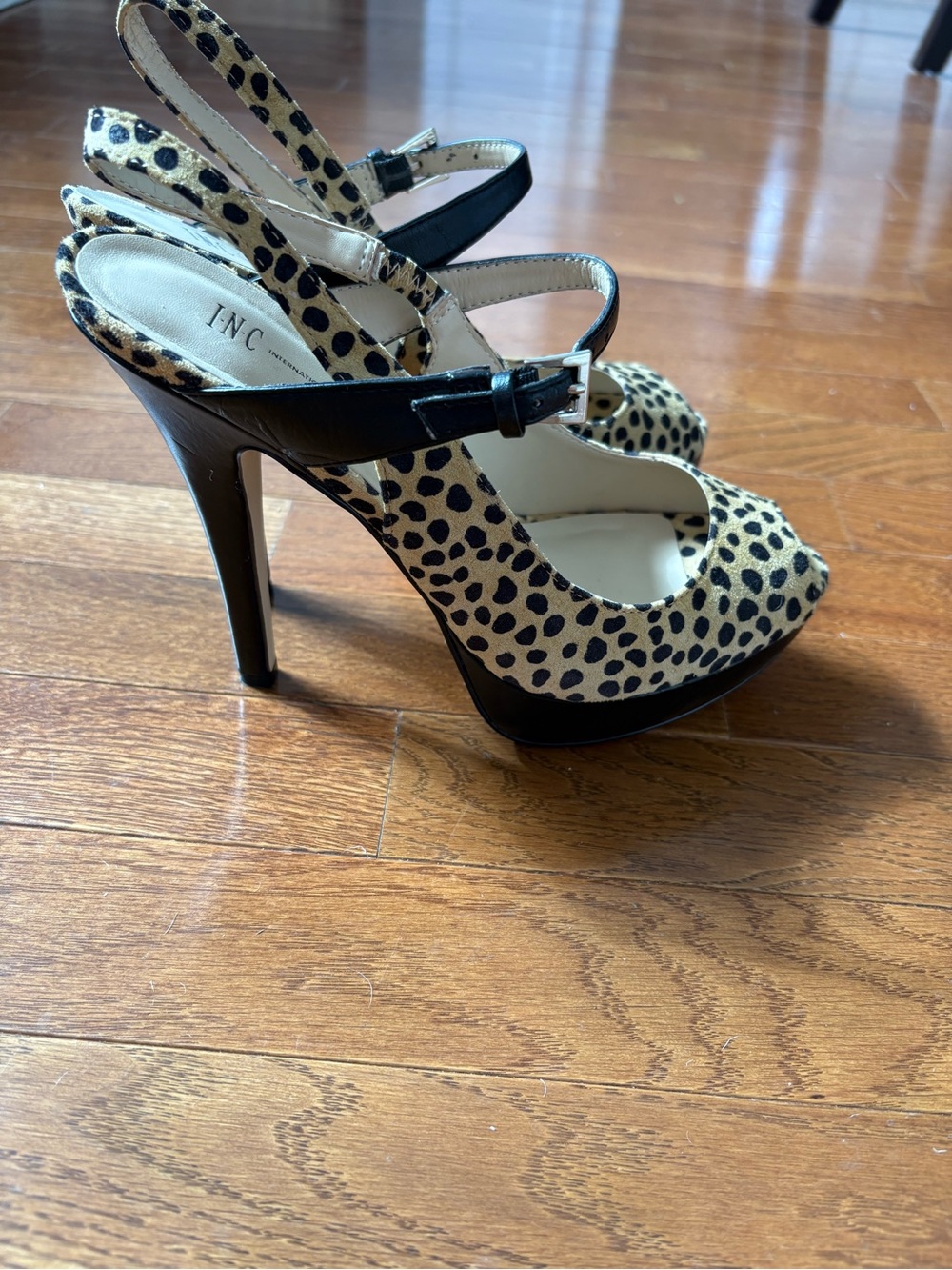 INC Leopard Print Leather Slingback Heels with Black Strap